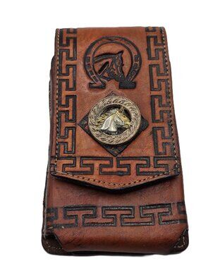 Leather Phone Case Western Horse Design  Top Opening Back Loop For Hanging